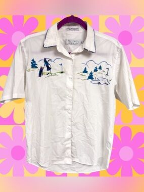 Vintage Portrait by northern isles white embroidered ladies golf button up